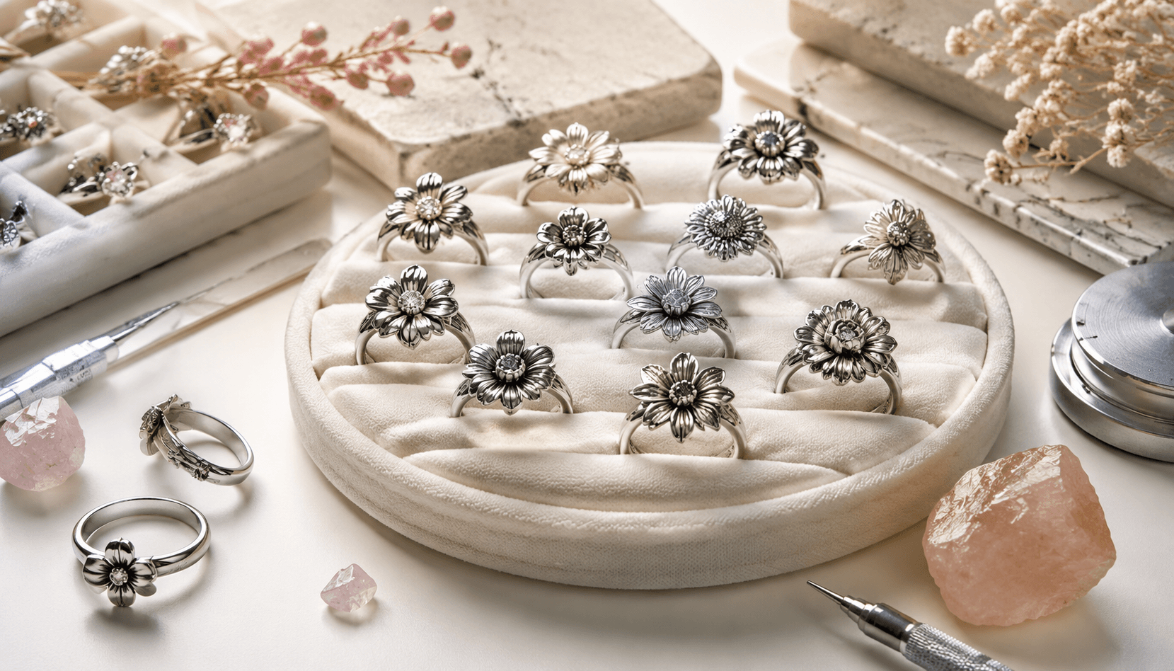Festive Blooms in Steel: 12-Month Custom Flower Rings