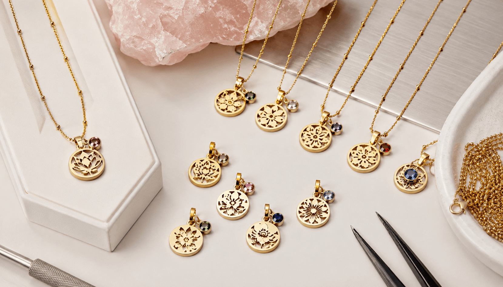 Custom Birthstone Gold Charm Necklace in Stainless Steel
