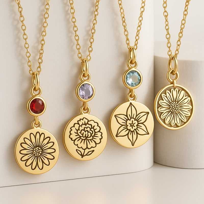 Innovative Craftsmanship: Custom Birth Month Flower & Birthstone Gold Charm Necklaces