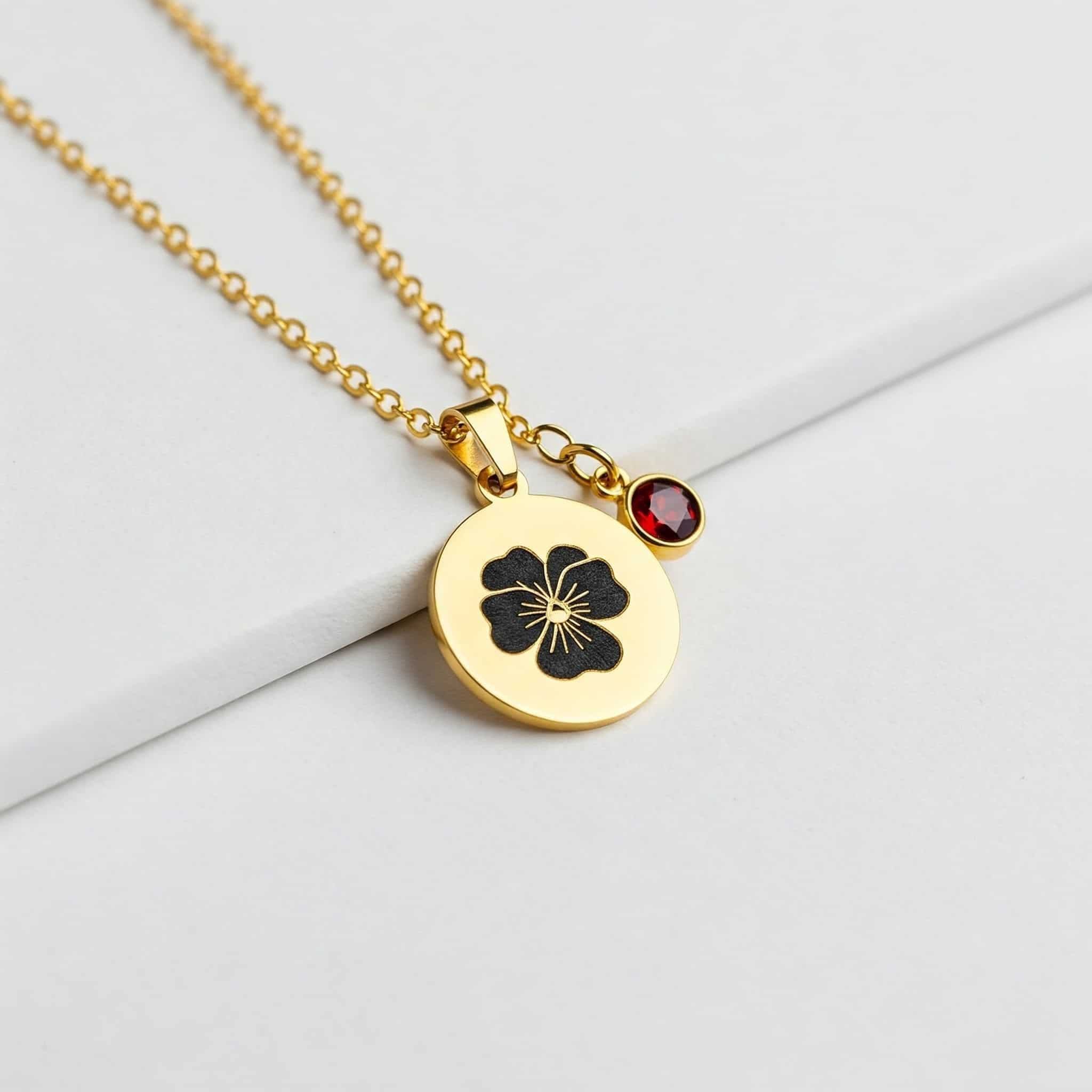 Elegant Gold Plated Hibiscus Necklace with Floral Gemstone Pendant Custom Birth Month Flower