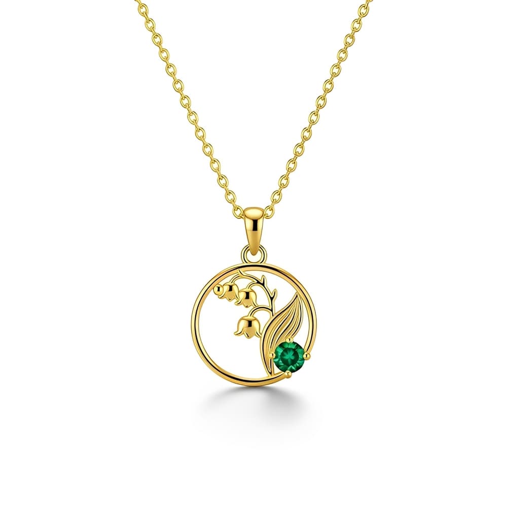 Elegant Custom Birthstone Necklace Gold Floral Pendant Featuring Lily of the Valley