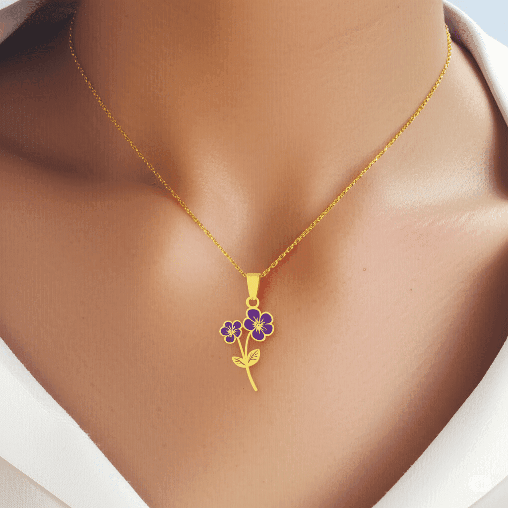 Double Headed Violet Flower Women's Gift Custom Birth Month Bouquet Necklace