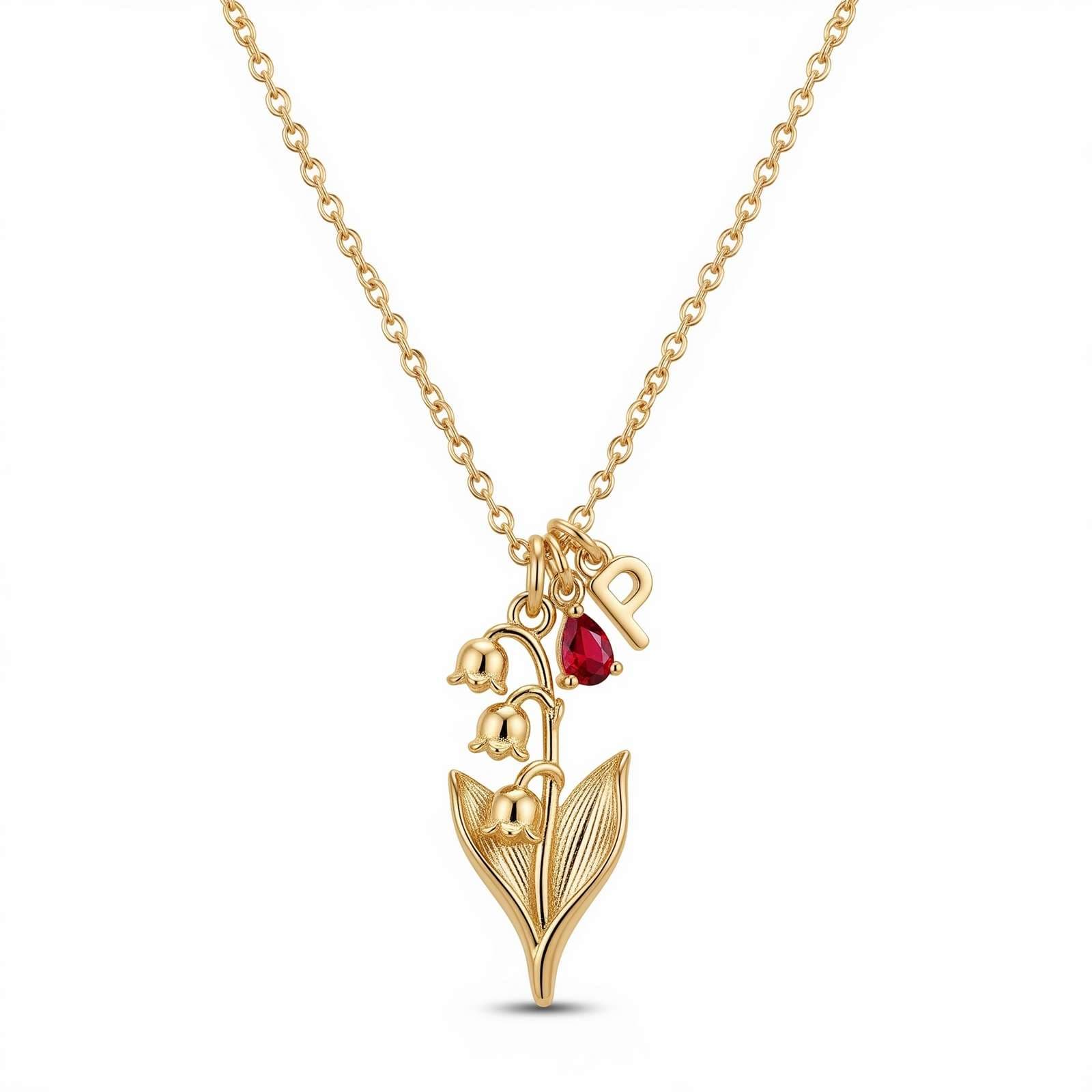 Custom Birth Month Flower Birthstone Charm Necklace Gold Lily of the Valley Initial