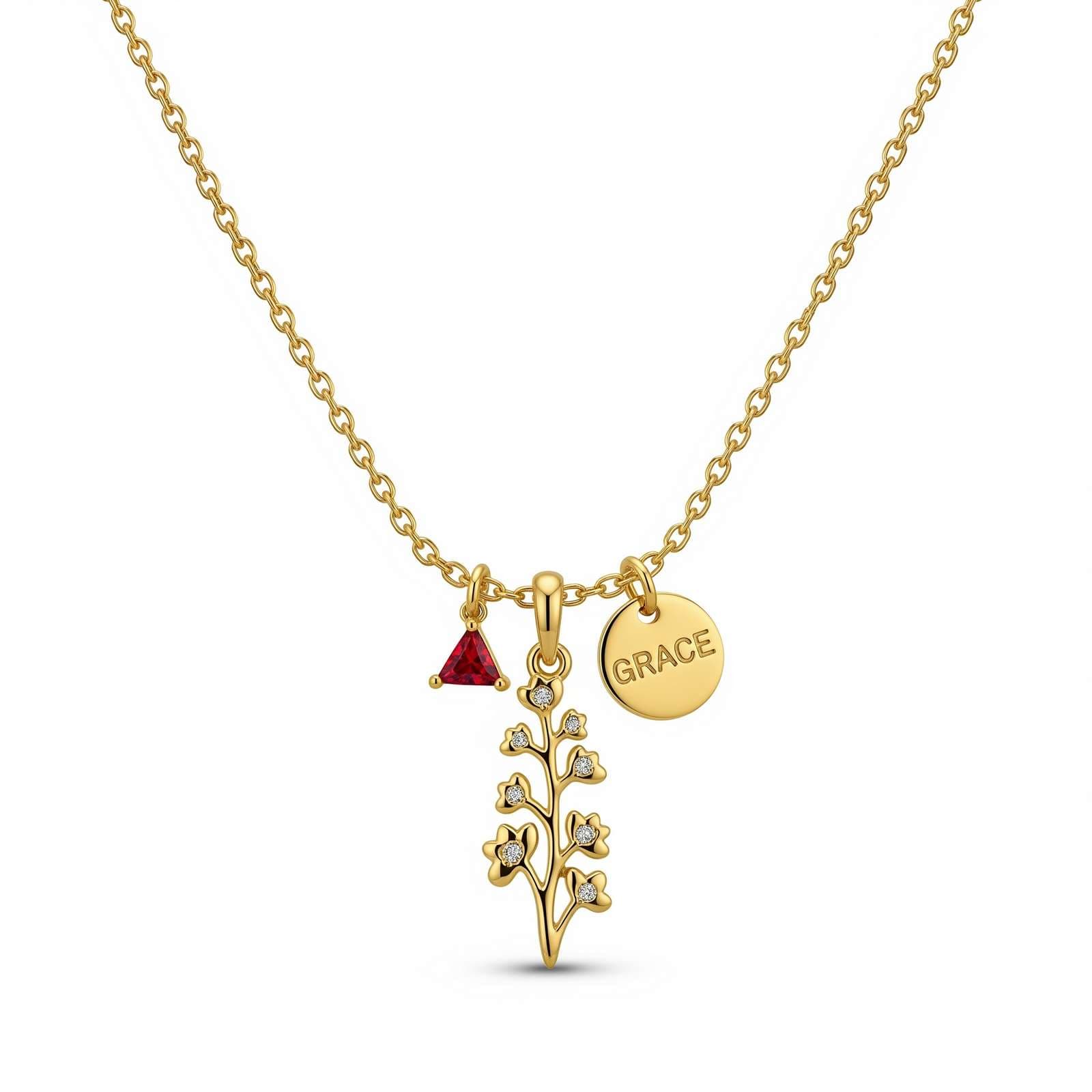 Custom Birth Month Flower Birthstone Charm Necklace Personalized Gold Pendant