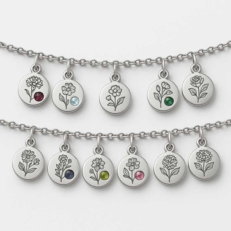 Tailored Birth Month Flower & Birthstone Charm Necklaces for Your Brand