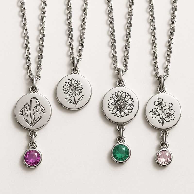 Timeless Blossoms: Seasonal Birthstone Charm Necklaces in Stainless Steel