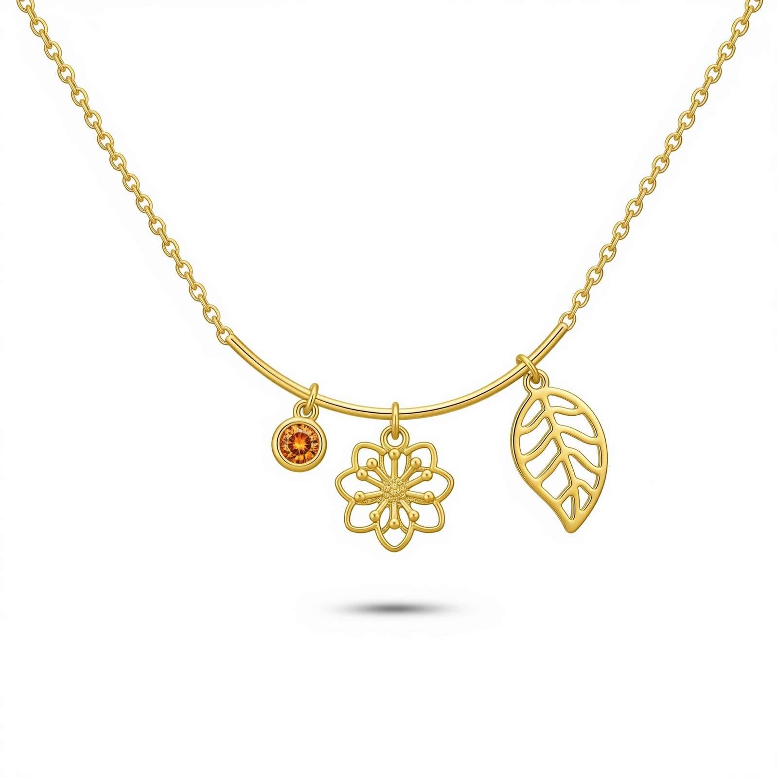 Dedicate Women's Gift Custom Birth Month Flower Charm Necklace Gold Floral Leaf