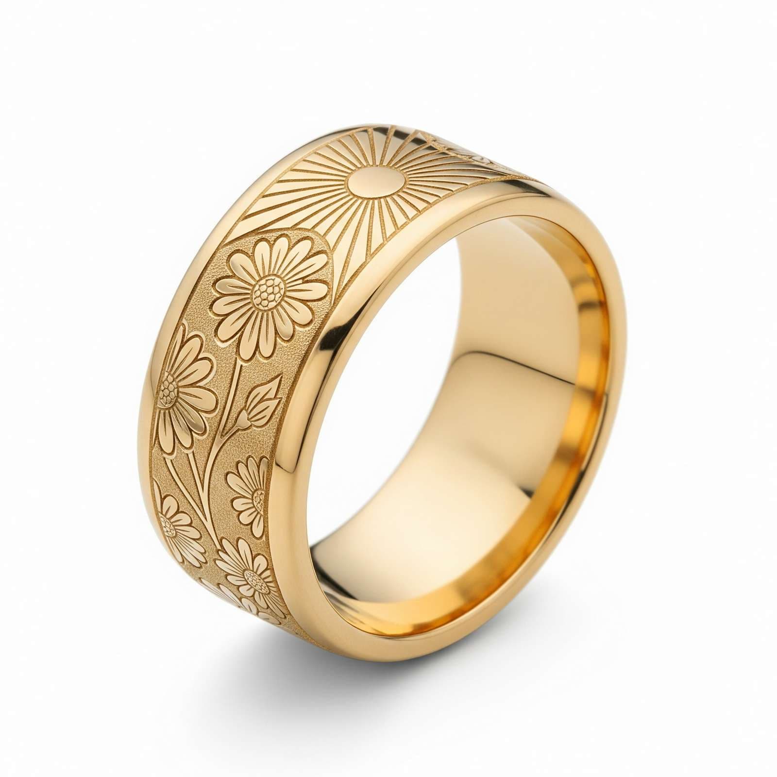 Dainty Keepsake Birth Flower Gold Ring Engraved Floral Stainless Steel