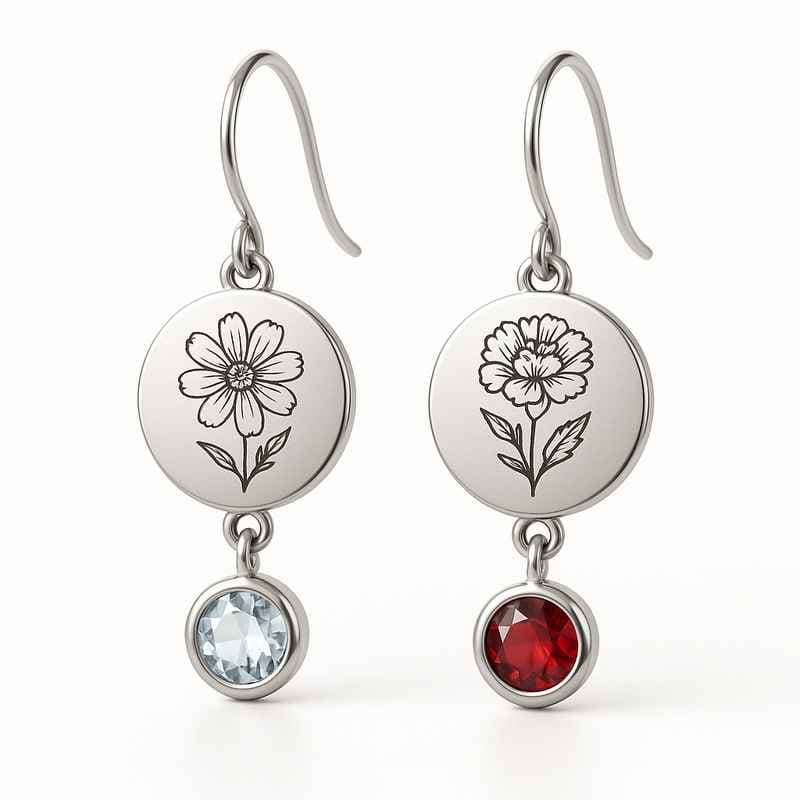 Custom Stainless Steel Birth Flower Earrings with Birthstone Dangles