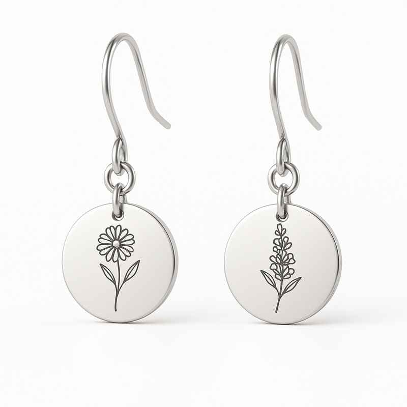 Custom Stainless Steel Birth Flower Earrings with Personalized Floral Drop