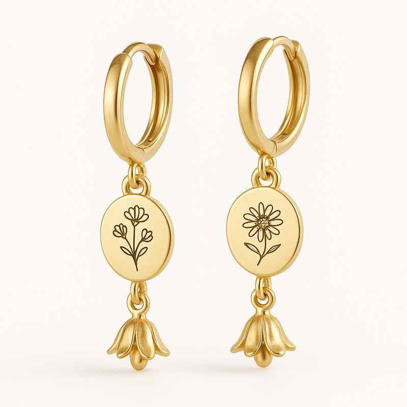 Custom Gold Birth Flower Earrings with Floral Drop Charm