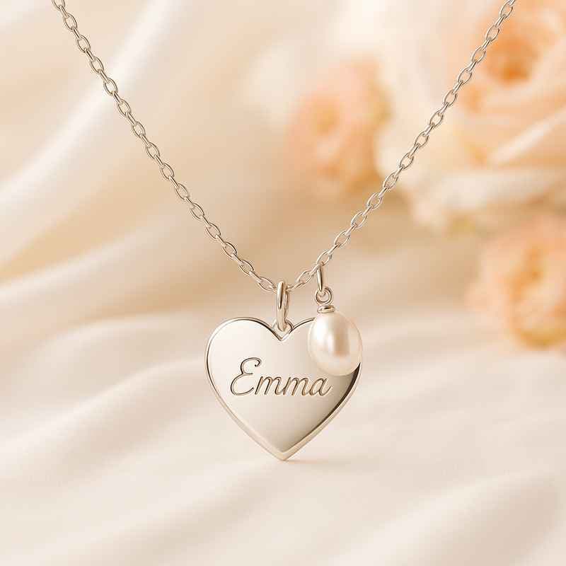 Dainty Personalized Heart Necklace with Pearl Charm & Engraved Love Pendant