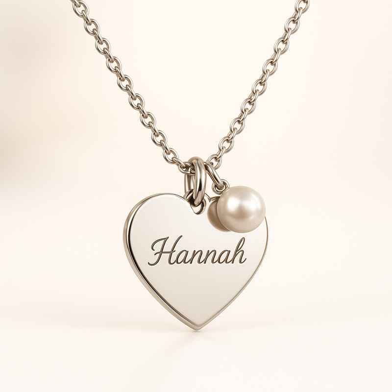 Dainty Personalized Heart Necklace with Romantic Pearl Charm and Engraved Love