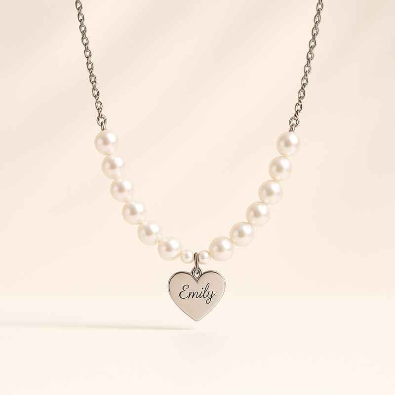 Dainty Romantic Pearl Necklace with Personalized Engraving Heart Charm Pendant