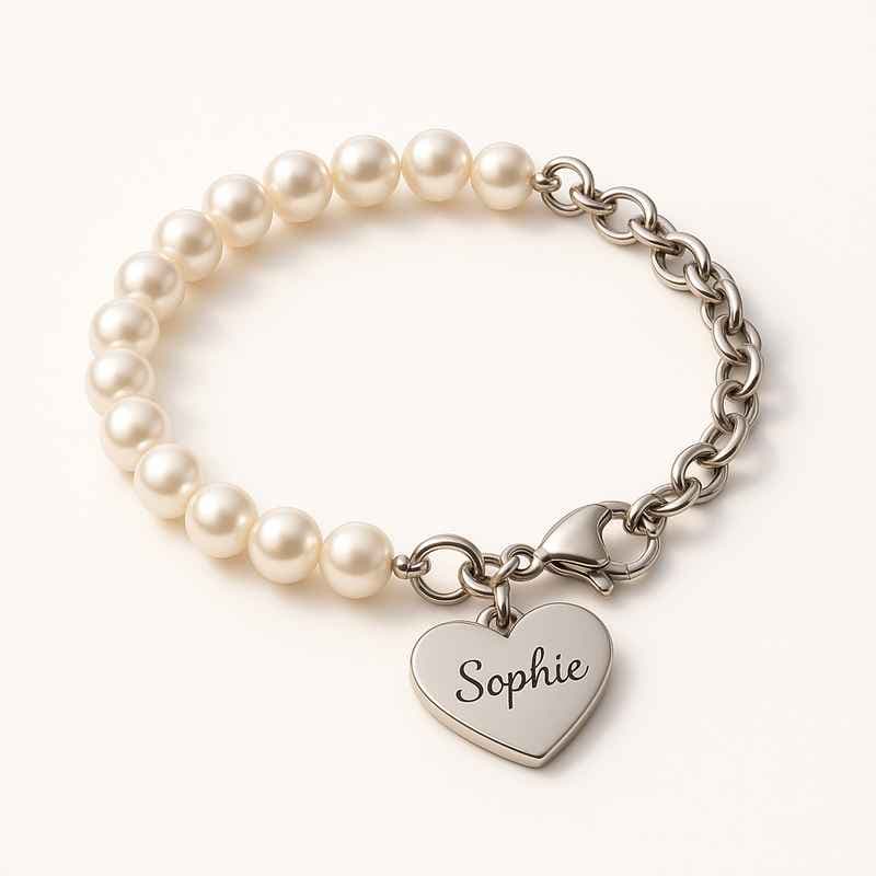 Dainty Romantic Charm Bracelet with Personalized Engraving & Stainless Steel Pearl Love