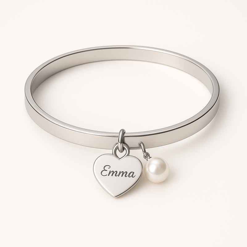 Dainty Romantic Charm Bracelet with Personalized Engraving Heart Pearl Love