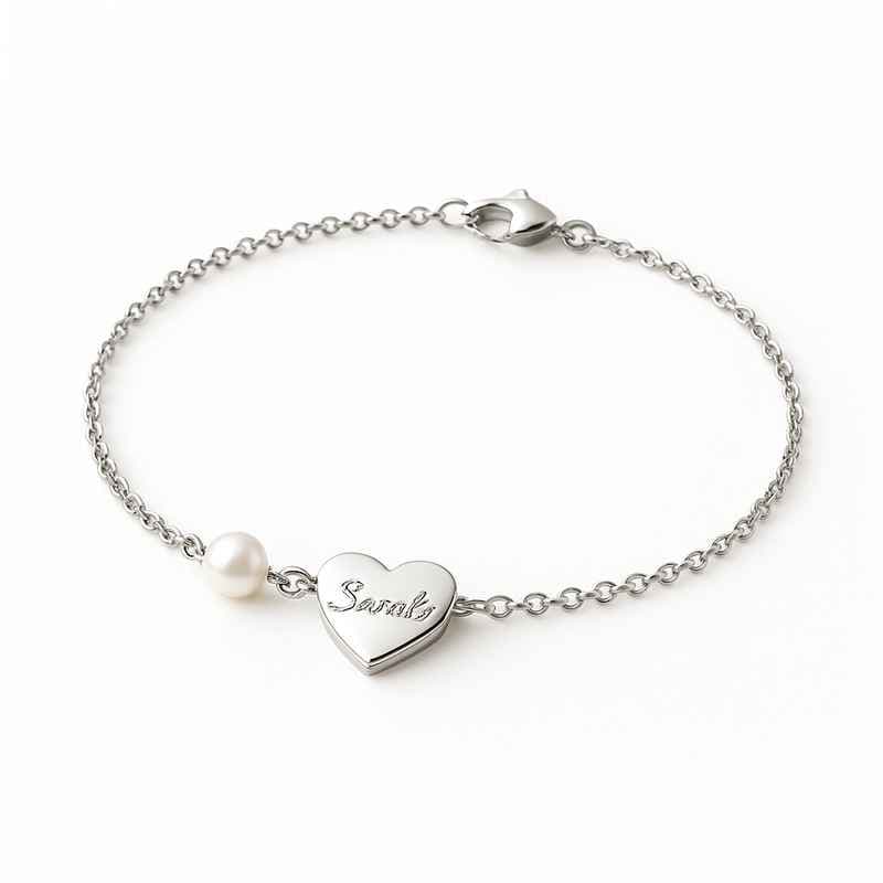 Dainty Stainless Steel Love Bracelet Personalized Engraving Pearl Romantic Heart Charm
