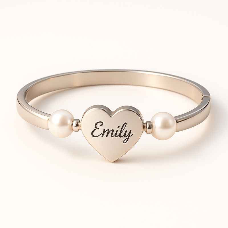 Dainty Romantic Charm Bracelet with Personalized Engraving & Love Heart Pearl Design