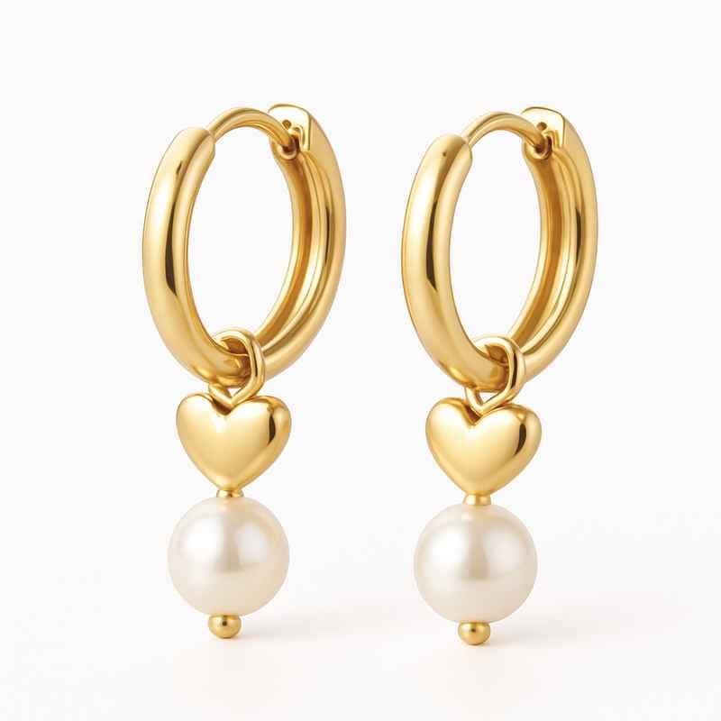 Trendy Personalized Pearl Heart Hoop Earrings Dainty Custom Gold Waterproof Stainless Steel