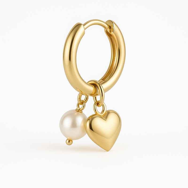 Trendy Personalized Pearl Earrings Custom Gold Hoop Waterproof Stainless Steel Heart Charm