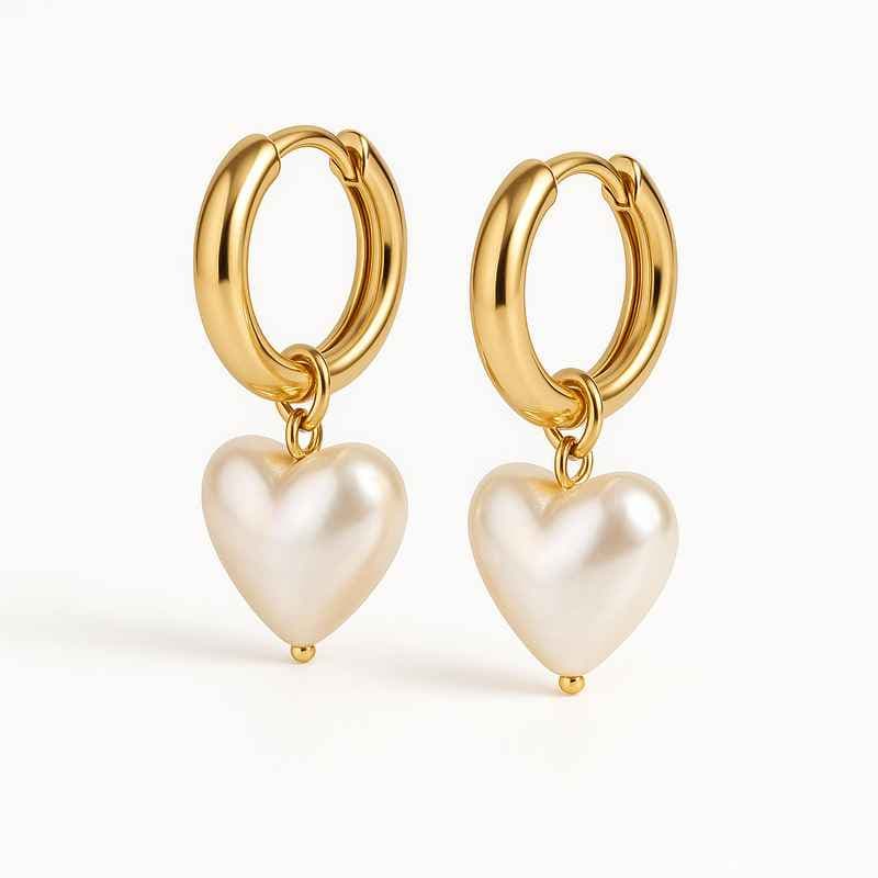 Trendy Personalized Gold Hoop Earrings with Dainty Pearl Heart Charm