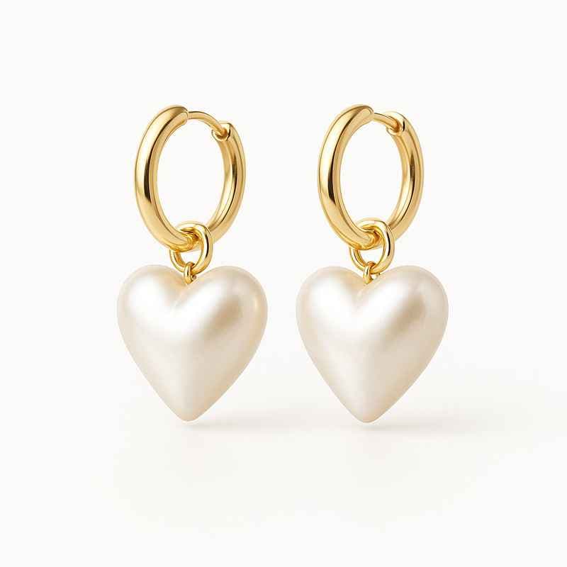 Trendy Custom Pearl Heart Earrings Dainty Gold Hoop