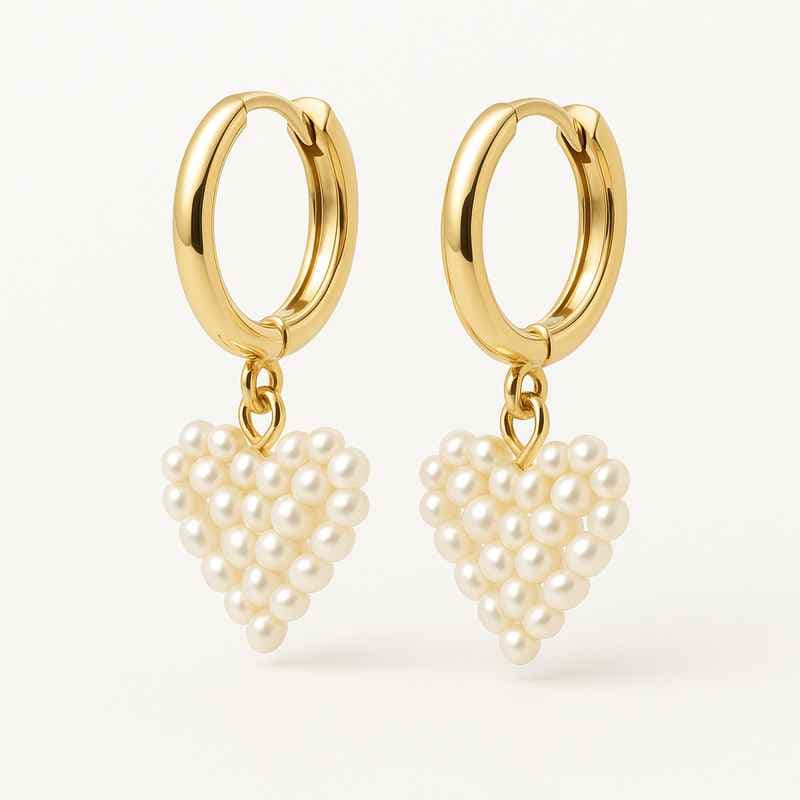 Trendy Personalized Gold Hoop Earrings with Custom Pearl Heart Charm