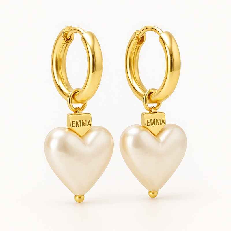 Trendy Personalized Pearl Heart Earrings, Custom Gold Hoop Style, Waterproof Stainless Steel