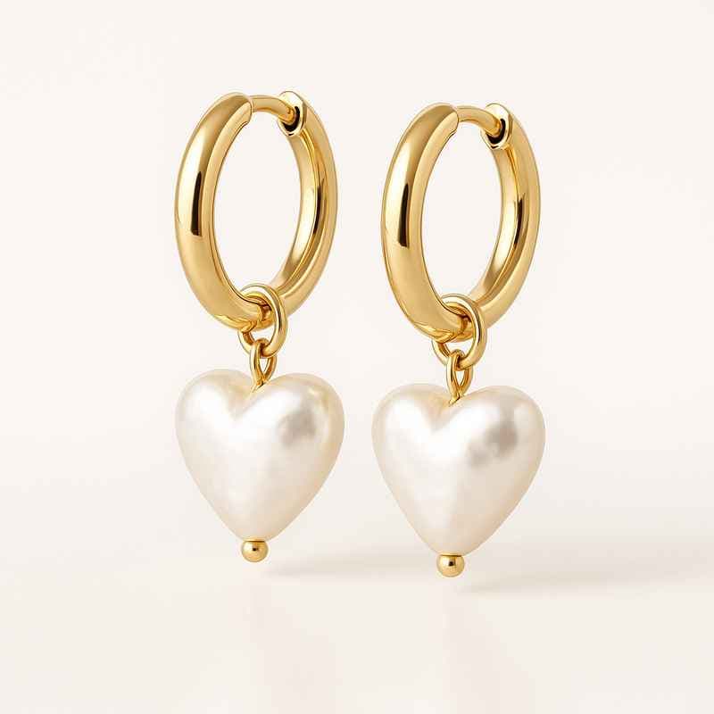 Trendy Personalized Pearl Heart Earrings, Custom Gold Hoop, Waterproof Stainless Steel