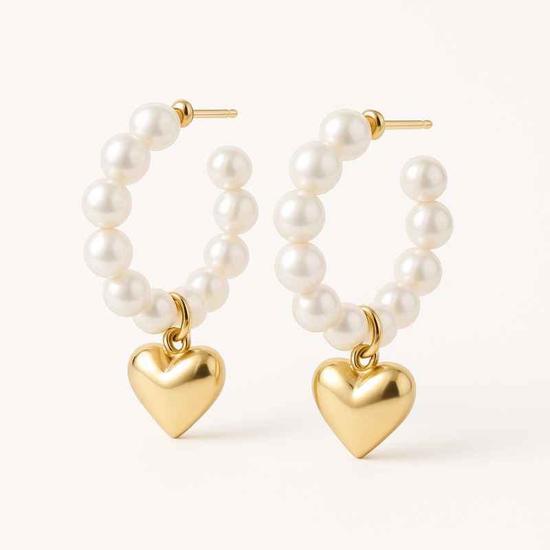 Trendy Personalized Pearl Hoop Earrings with Custom Gold Heart Charm