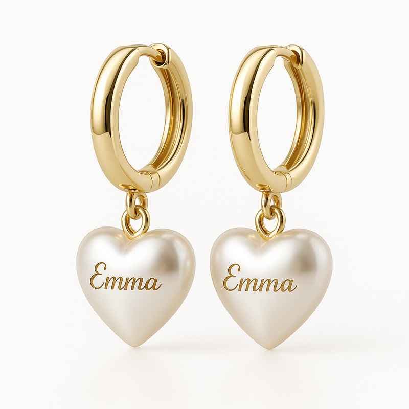 Trendy Personalized Pearl Heart Earrings Custom Gold Hoop