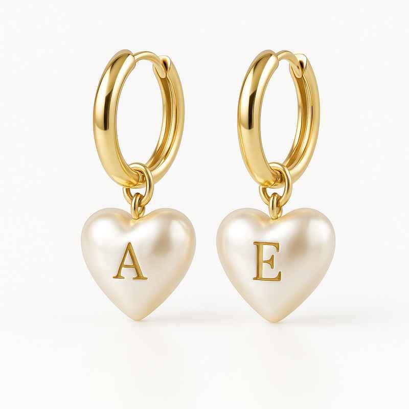 Trendy Personalized Pearl Heart Earrings Dainty Gold Hoop