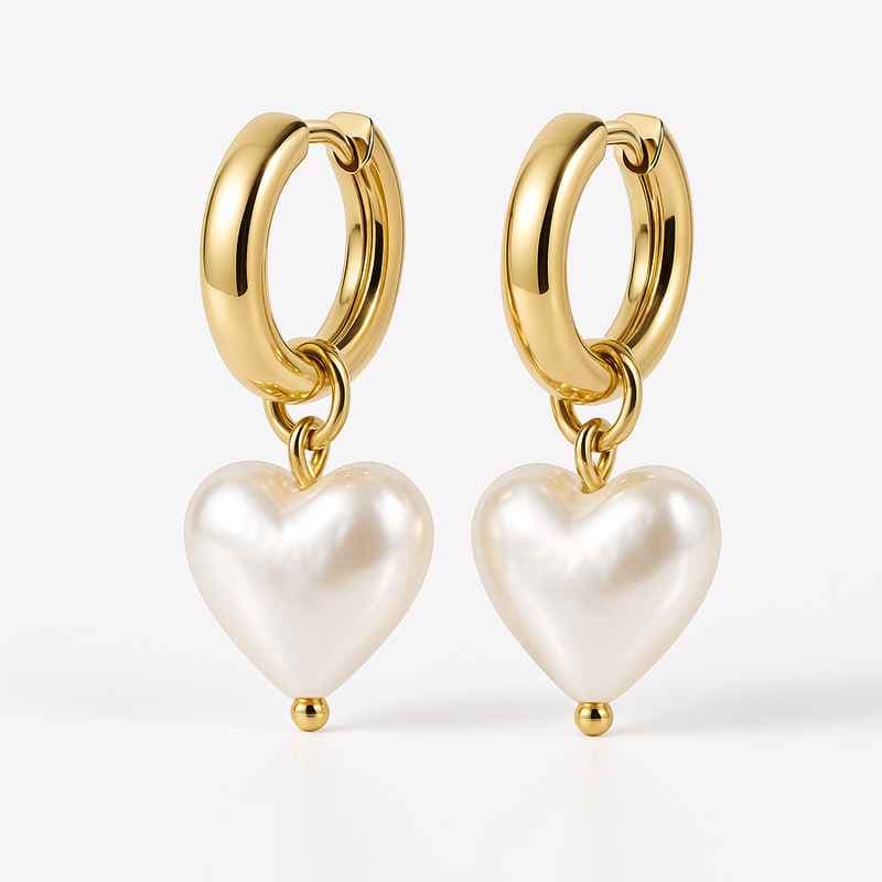 Trendy Custom Pearl Heart Earrings with Personalized Gold Hoops Waterproof Stainless Steel