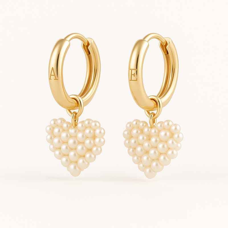 Trendy Personalized Pearl Heart Earrings & Custom Gold Hoops