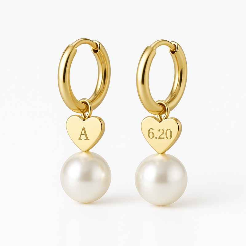 Trendy Personalized Pearl Earrings Custom Gold Hoop Waterproof Stainless Steel Heart Charm