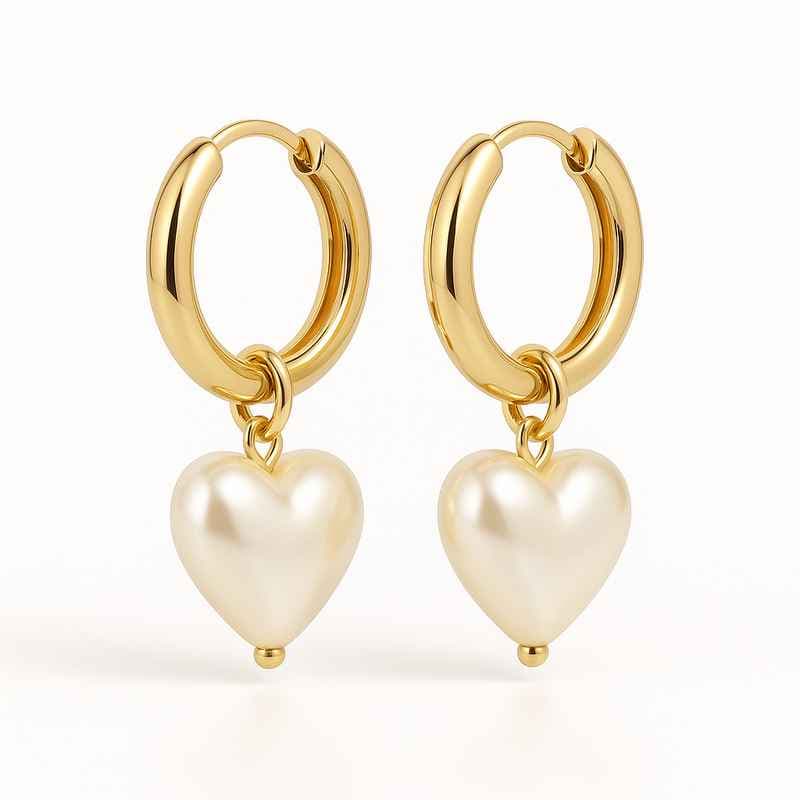 Trendy Personalized Gold Hoop Earrings with Custom Pearl Heart Charm