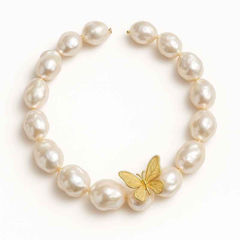 Sustainable Baroque Pearl Necklace with Butterfly Accent Gold