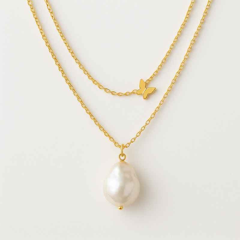 Sustainable Baroque Pearl Necklace with Butterfly Accent Gold Plated 14k Layering Chain