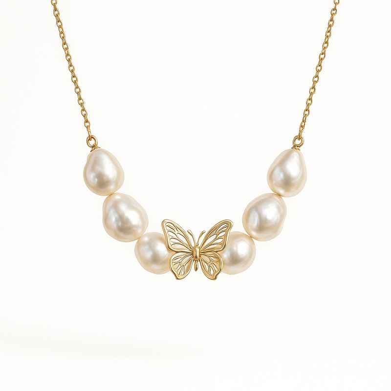 Sustainable Baroque Pearl Necklace with Butterfly Accent Gold