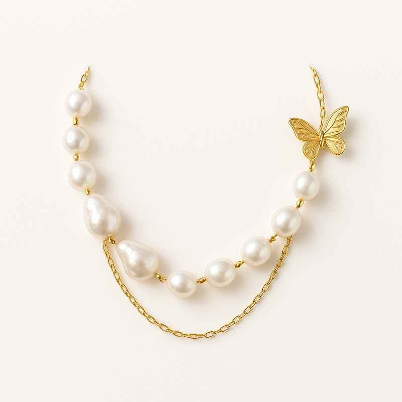 Sustainable Baroque Pearl Necklace with Butterfly Accent Gold Plated 14k Gold Layered Chain