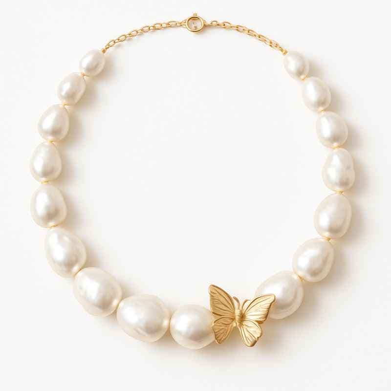 Sustainable Baroque Pearl Necklace with Butterfly Accent Gold