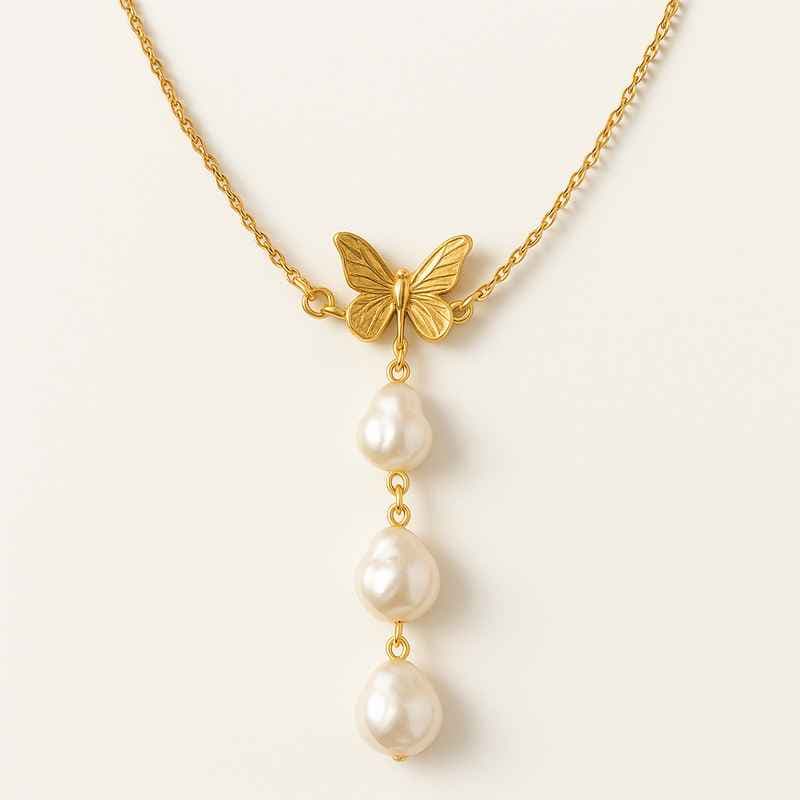 Sustainable Baroque Pearl Necklace with Butterfly Accent Gold