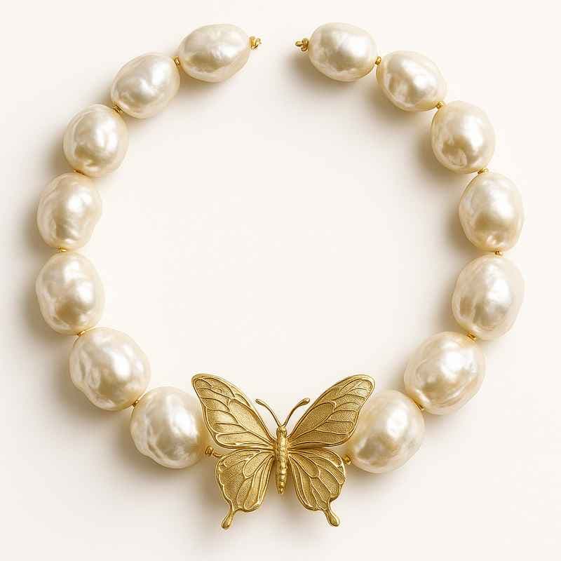 Sustainable Baroque Pearl Necklace with Butterfly Accent Gold