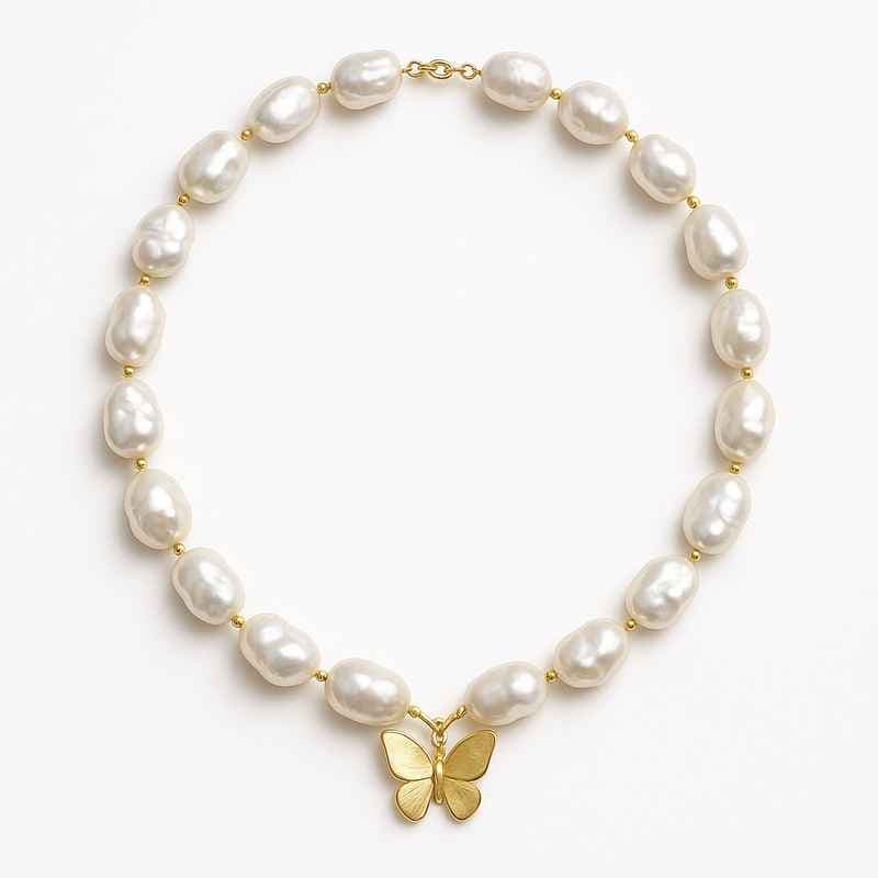 Sustainable Baroque Pearl Necklace with Butterfly Accent 14k Gold Layering