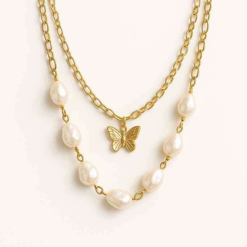 Sustainable Baroque Pearl Necklace with Butterfly Accent Gold