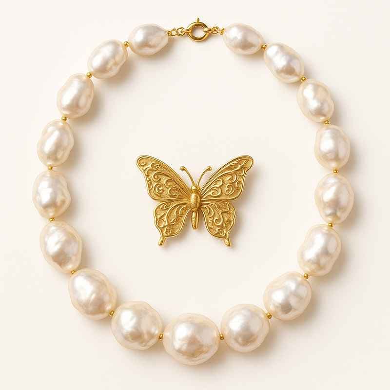 Sustainable Baroque Pearl Necklace with Butterfly Accent Gold