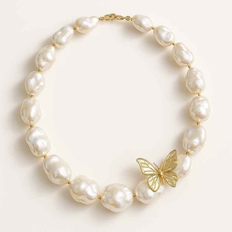 Sustainable Baroque Pearl Necklace with Butterfly Accent Gold