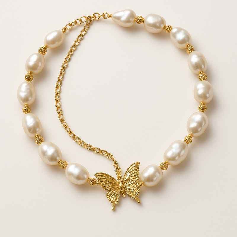 Sustainable Baroque Pearl Necklace with Butterfly Accent Gold