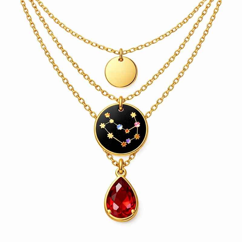 Custom Zodiac Constellation Colored Birthstone Pendant Layering Gold Plated Stainless Steel