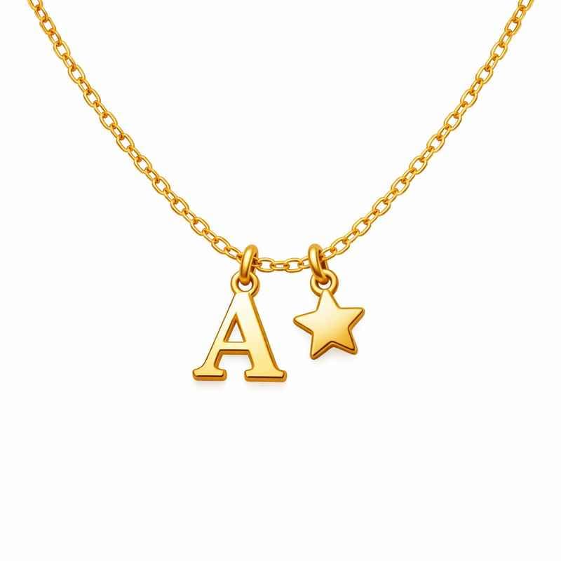 防水 金メッキ イニシャルネックレス 星チャーム付き